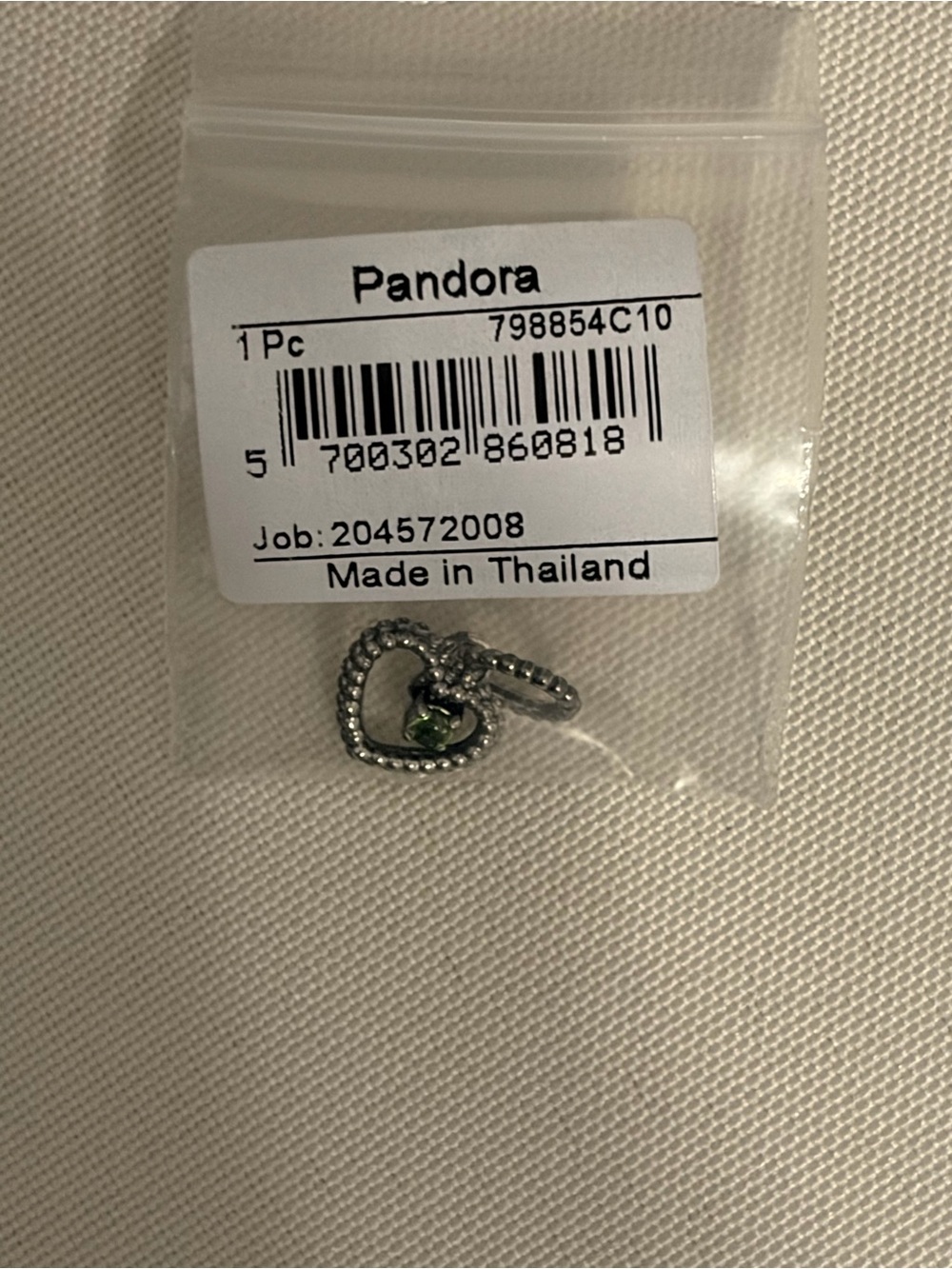 Pandora Silver Heart Dangle Charm with Green Stone and Chain